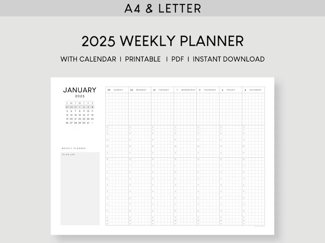 2025 weekly planner with calendar a4 letter dated hourly printable template 52 week schedule desk planner week at a glance etsy