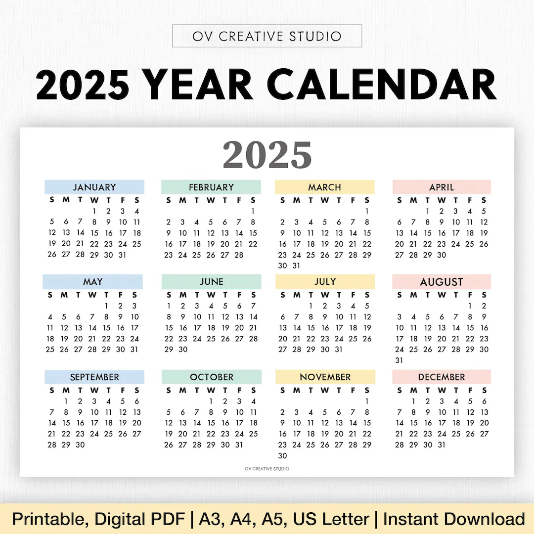 2025 Year Calendar Printable Year At A Glance Digital Download 2025 Annual Calendar Yearly Planner Yearly Tracker Wall Calendar Etsy