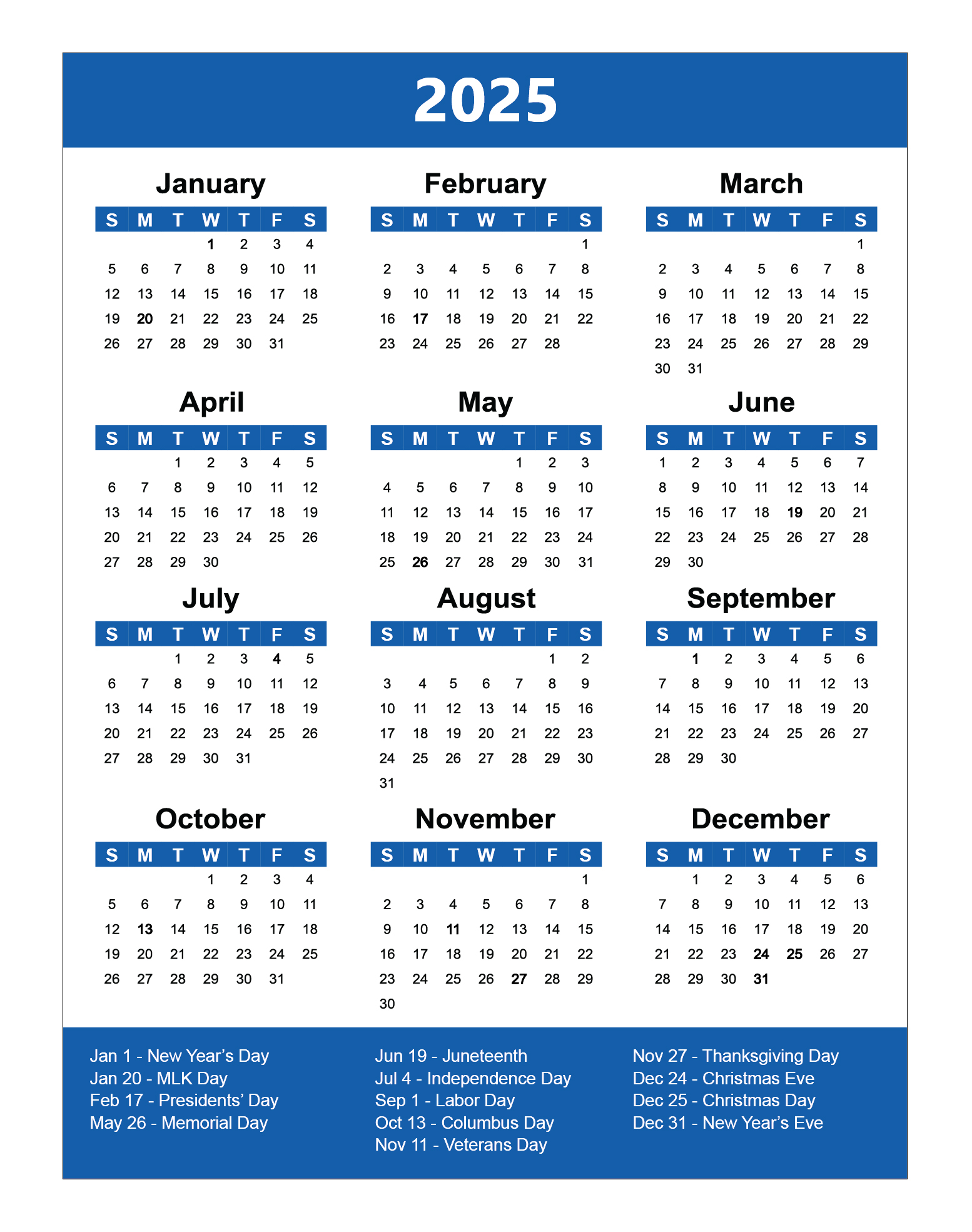 Calendar 2025 Usa Printable