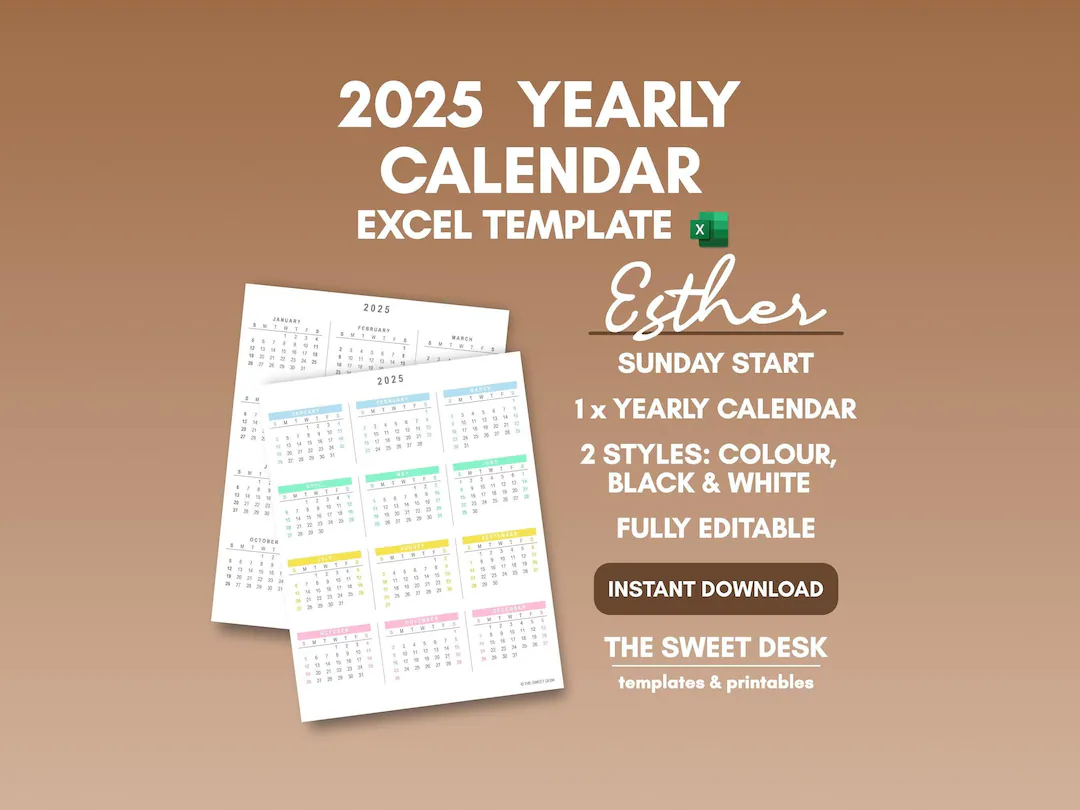 2025 Yearly Calendar Printable Excel Calendar Template Vertical Calendar 2025 Year At A Glance Colour Black And White ESTHER Etsy Canada