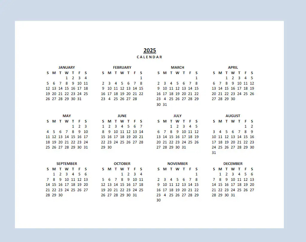 2025 Yearly Calendar Printable Sunday Start Year At A Glance Lanscape Legal PDF Etsy