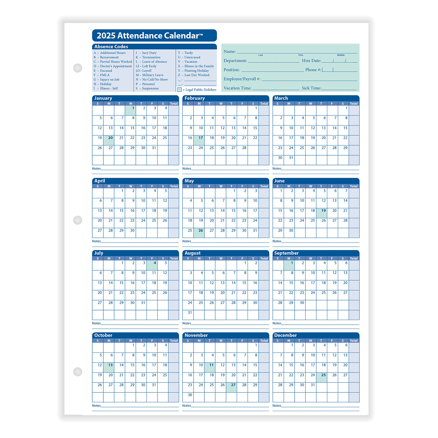 2025 Yearly Employee Attendance Calendar Yearly Calendar HRdirect
