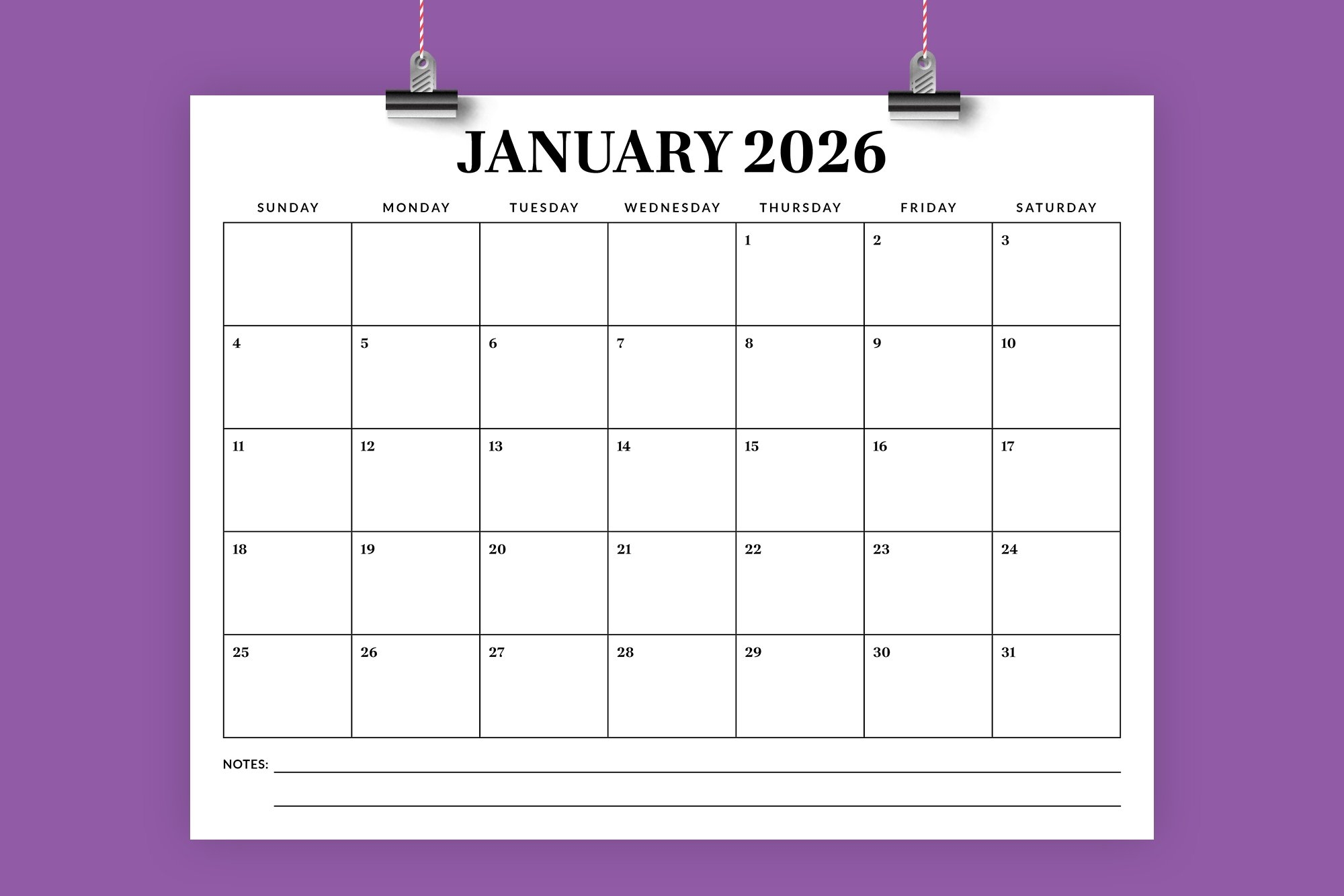 Jan 2026 Printable Calendar