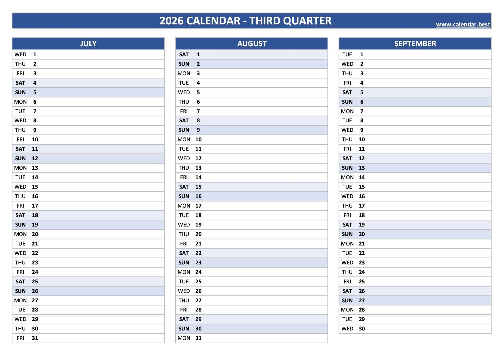 2026 Quarterly Calendar To Print