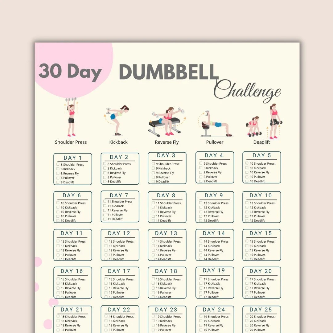 30 Day Dumbbell Challenge Dumbbell Fitness Printable Dumbbell Exercise Fitness Planner Etsy