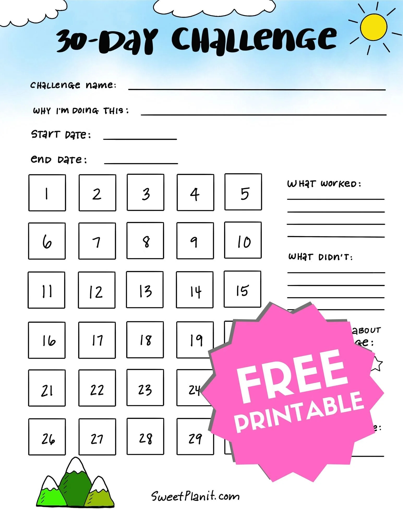 30 Day Monthly Challenge Free Printable Sweet PlanIt