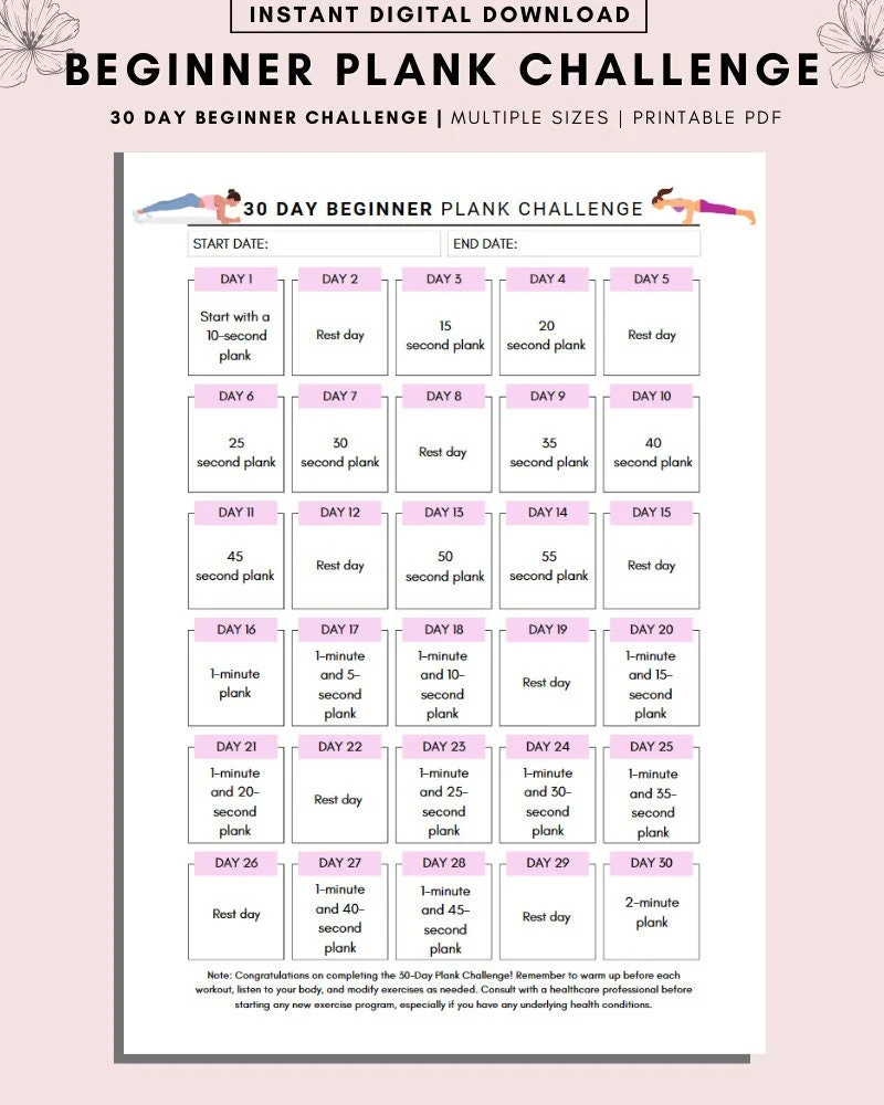 30 Day Plank Challenge 30 Day Fitness Challenge Printable 30 Day Fitness Challenge 30 Day Exercise Challenge A4 A5 LETTER PDF Etsy