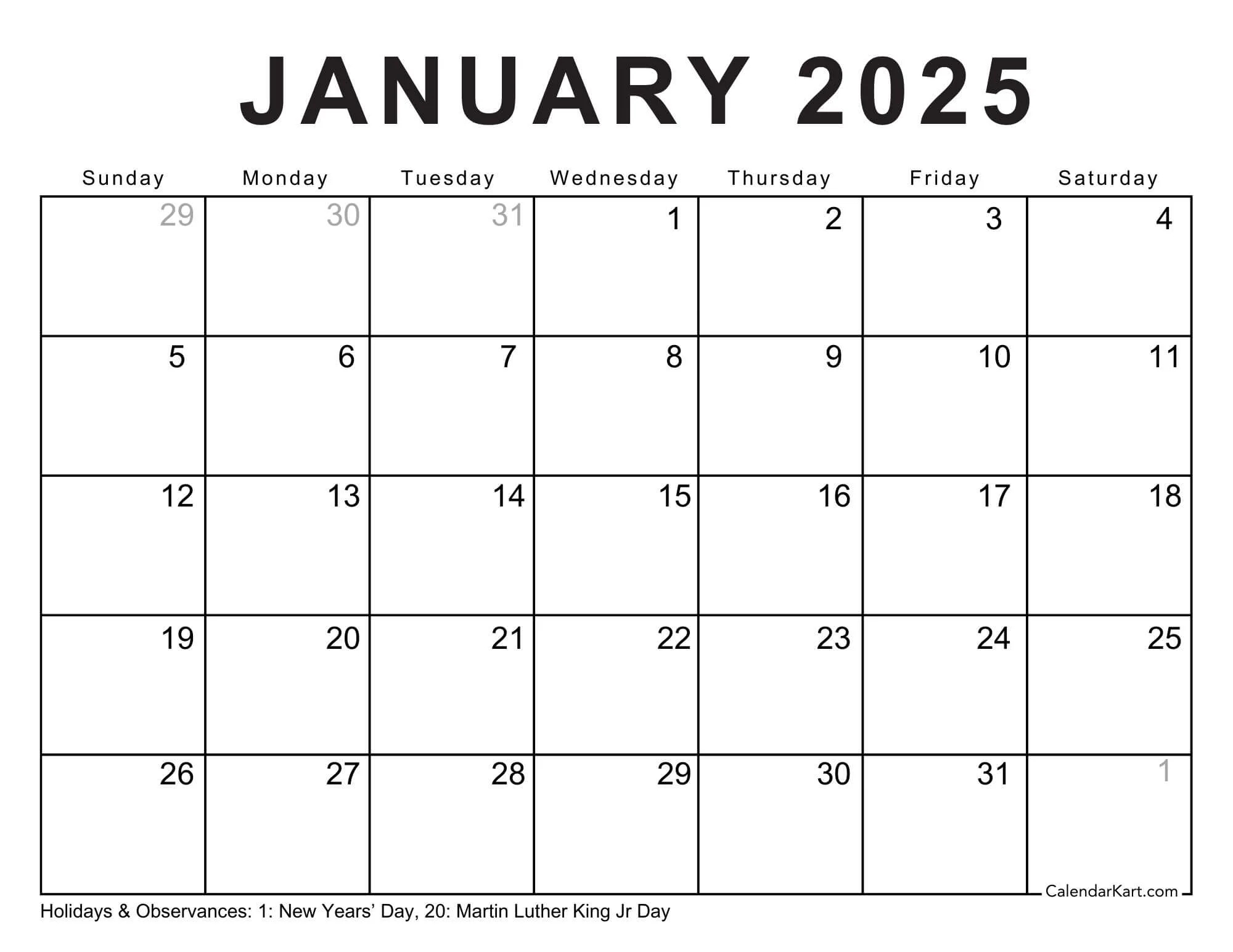 40 Printable January 2025 Calendars Free Pdf Calendarkart