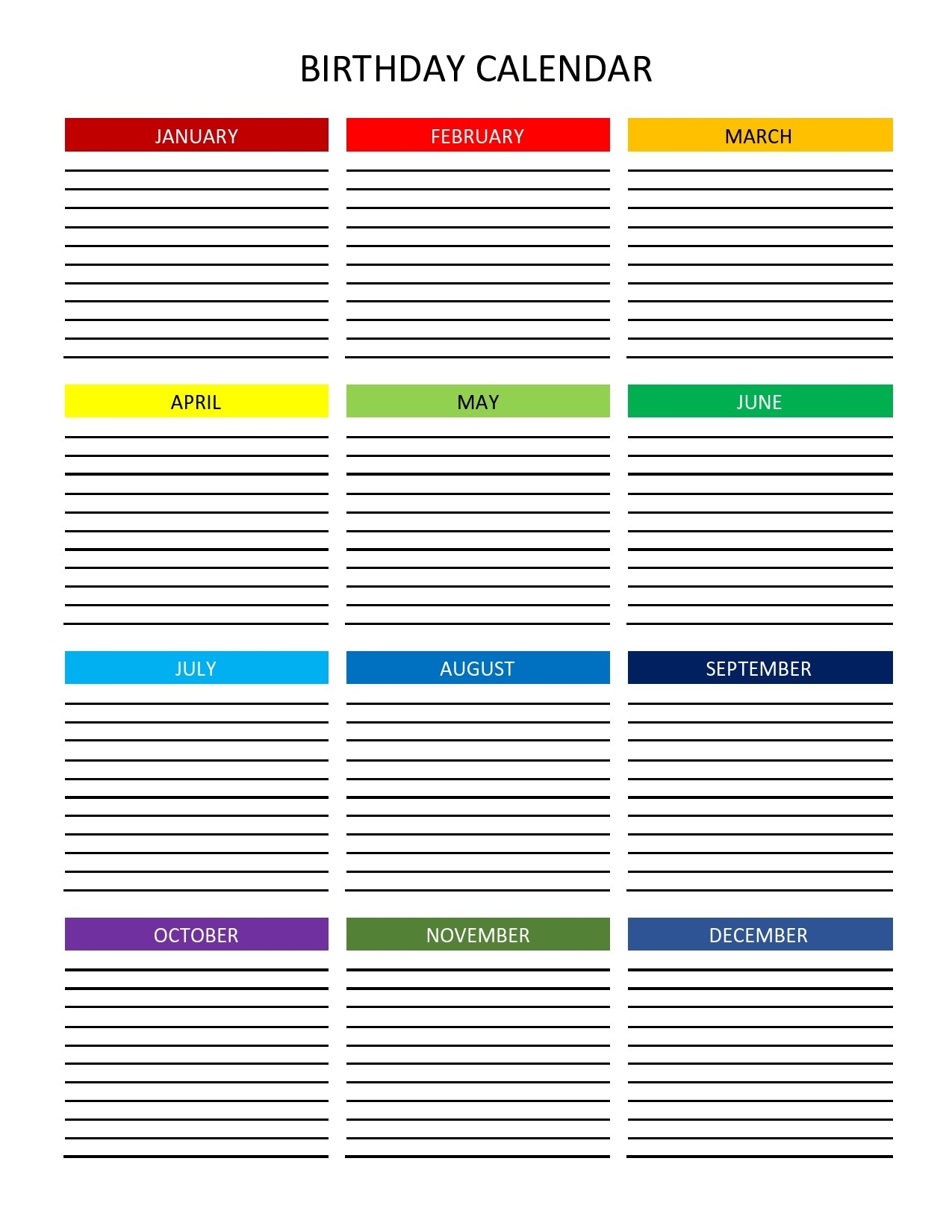 Free Printable Yearly Birthday Calendar