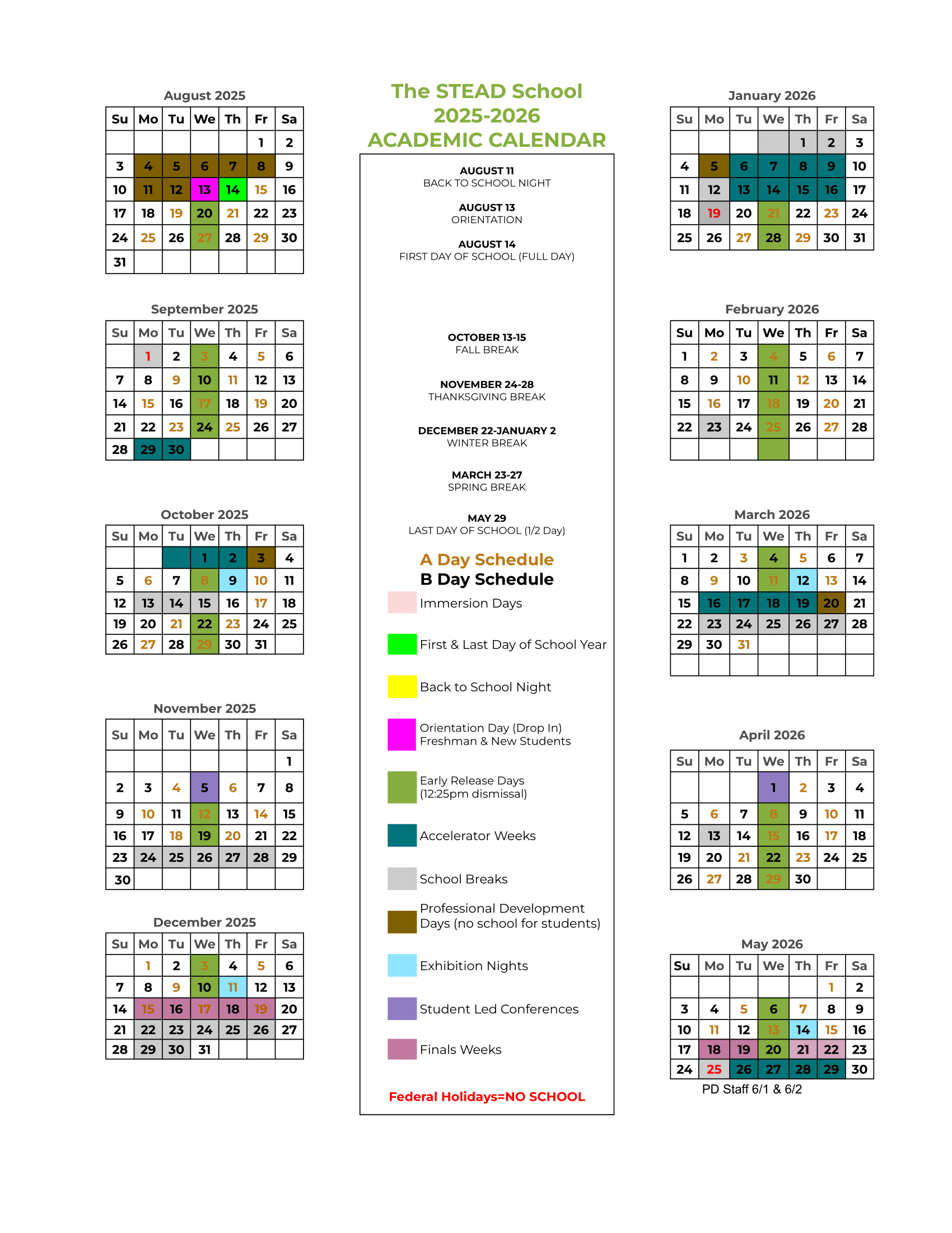 Academic Calendar 25 26 The STEAD School 
