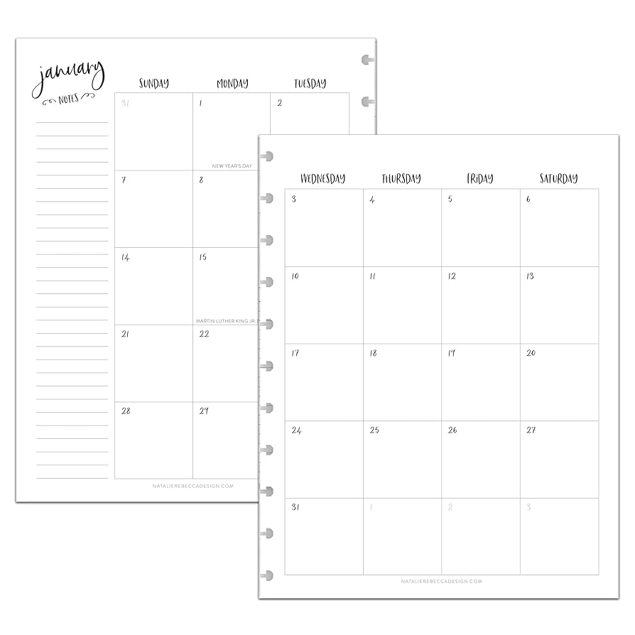 Amazon BetterNote 2026 Monthly Calendar Refill Fits Discbound Notebooks Fits Big Happy Planner Levenger Circa Arc Staples TUL Office Depot InkWell Press Whimsy 11 Disc 8 5 x11 Office Products