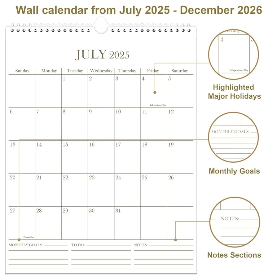 Amazon Calendar 2025 2026 18 Months Wall Calendar From July 2025 To December 2026 Vertical Calendar With Thick Paper 12 X 14 5 Gold Office Products