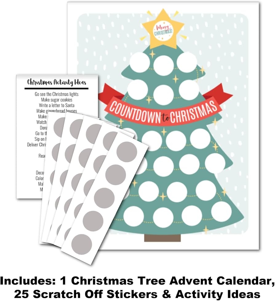 Amazon ScratchAway Christmas Tree Advent Calendar Countdown To Christmas Chart DIY Scratch Off Christmas Countdown Poster 25 Scratch Off Stickers 8 5 X 11 Home Kitchen