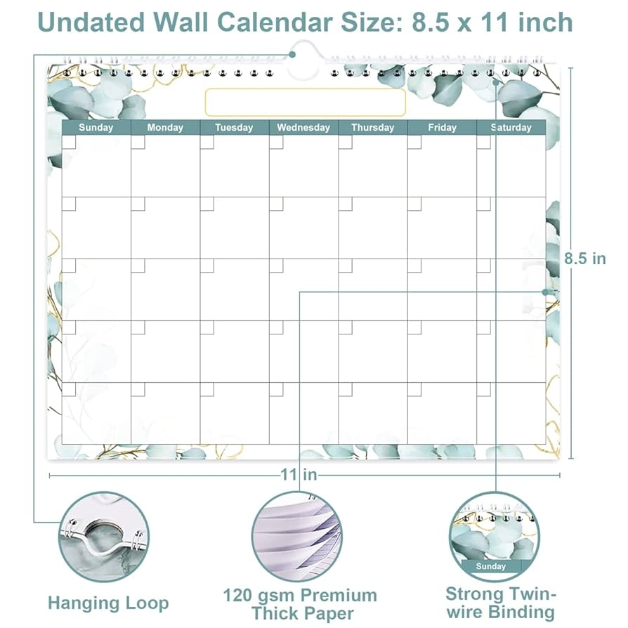 Amazon Undated Monthly Calendar For 2025 2026 Or Any Year Calendar Planner For Home Office Classroom School 12 Months Calendar With Thick Paper 8 5 X 12 Green Leaf Office Products