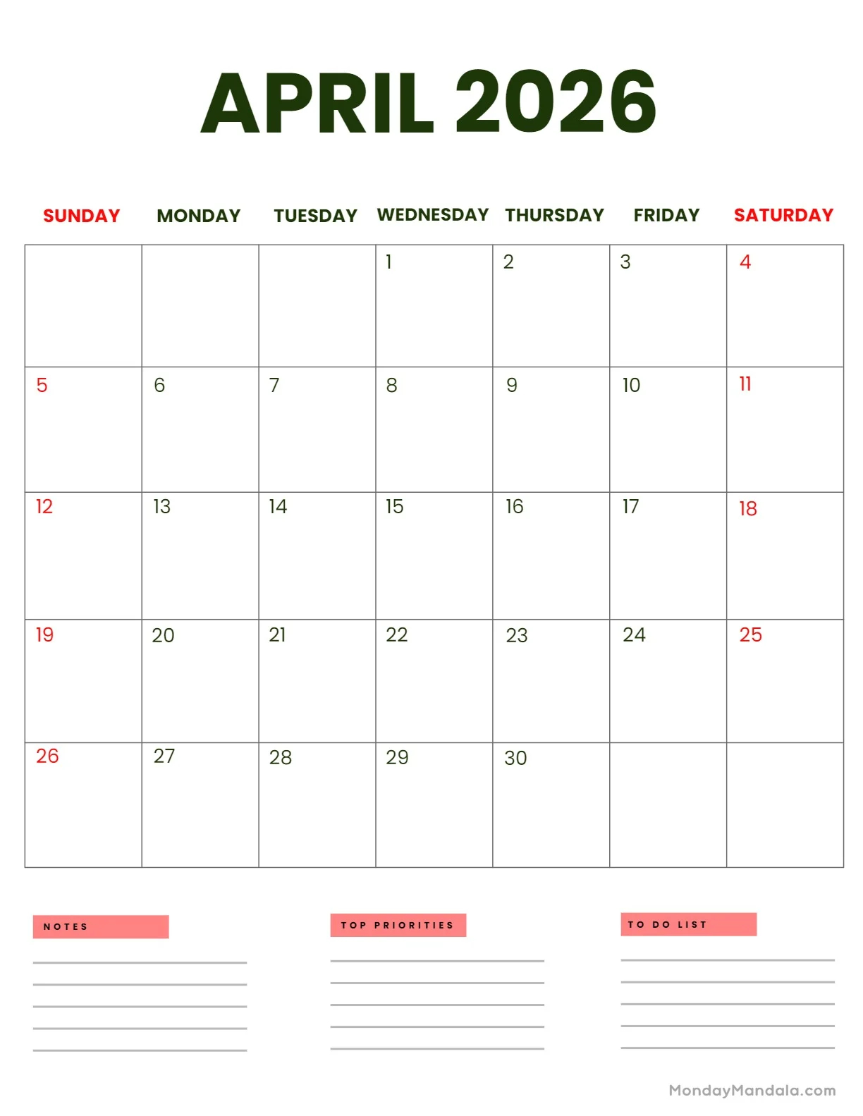 April 2026 Calendars Free PDF Printables 