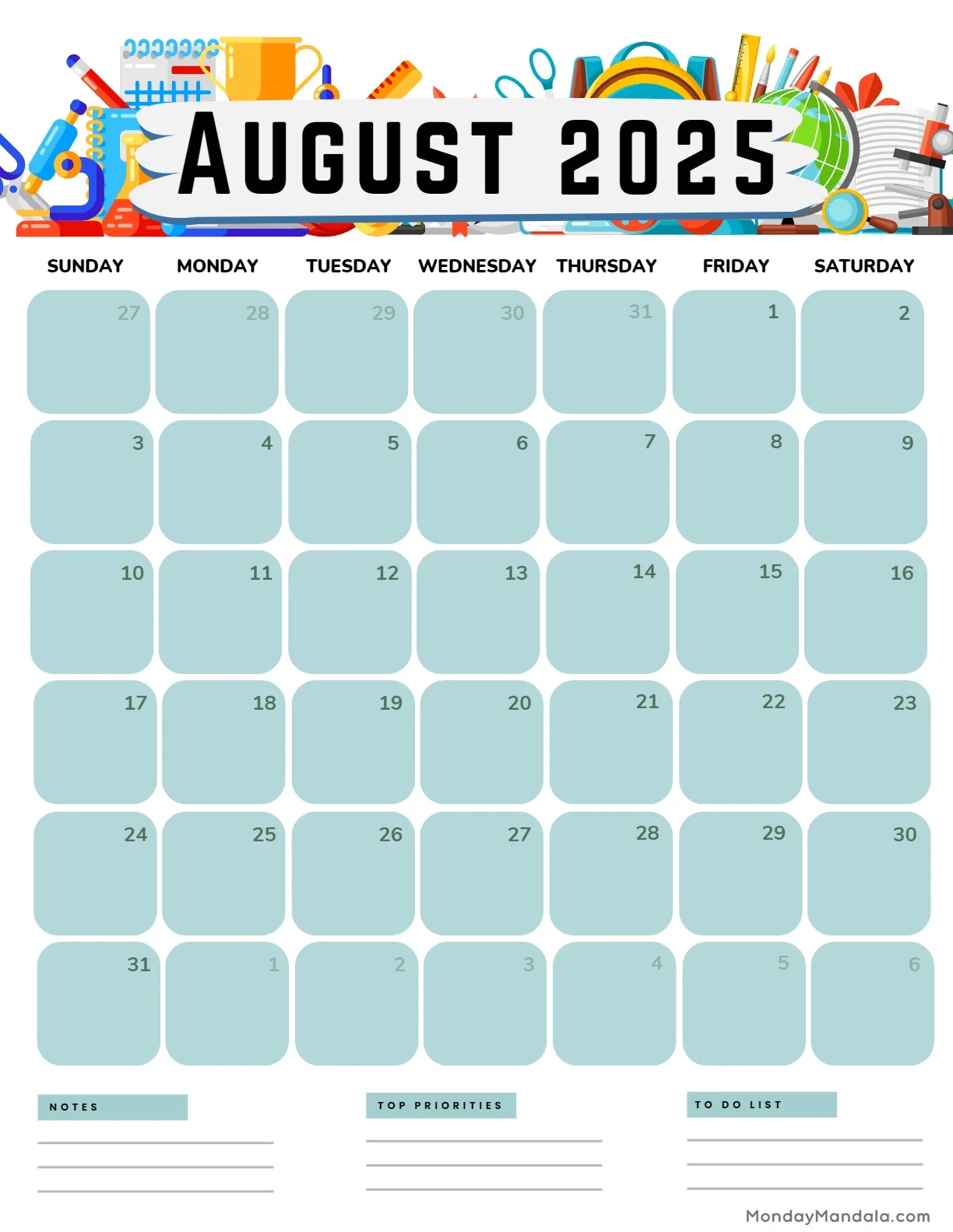 Aug 2025 Calendar Printable Free