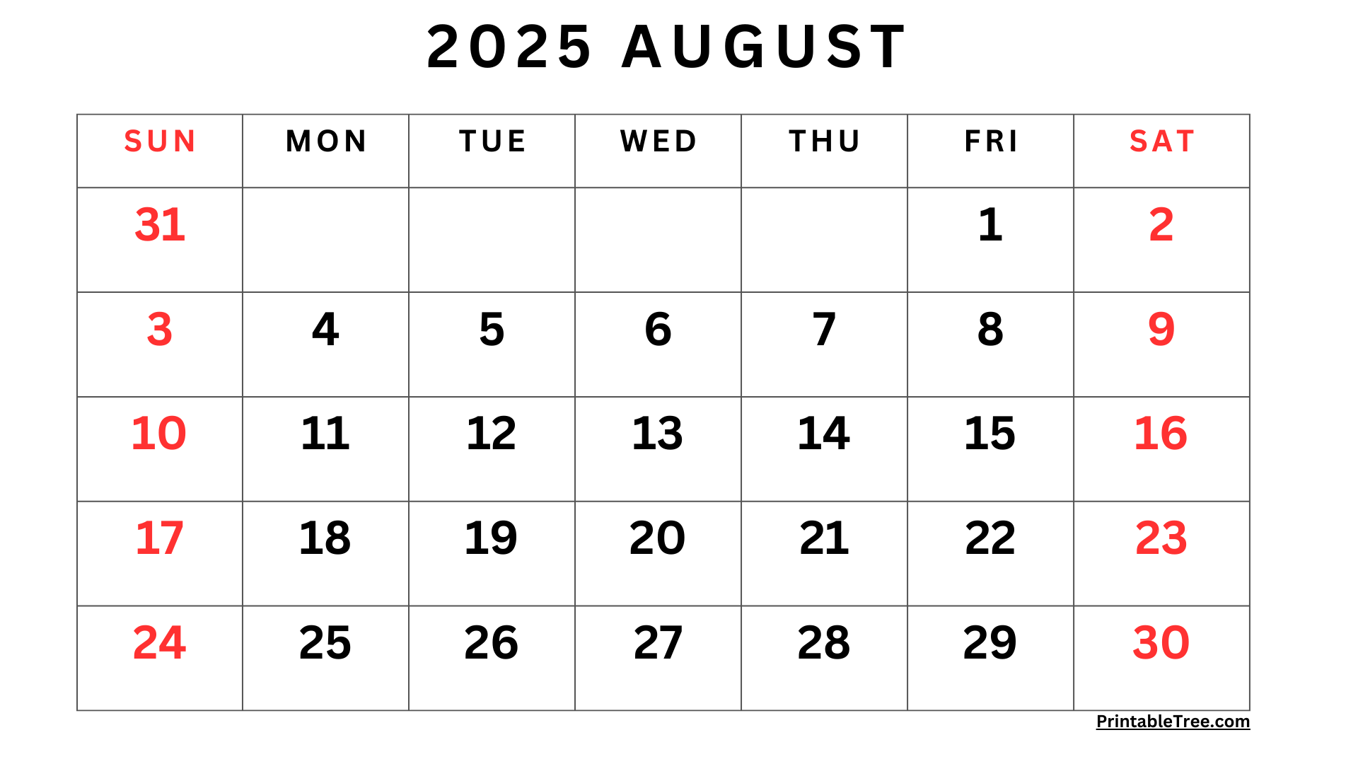 August Free Calendar Printable