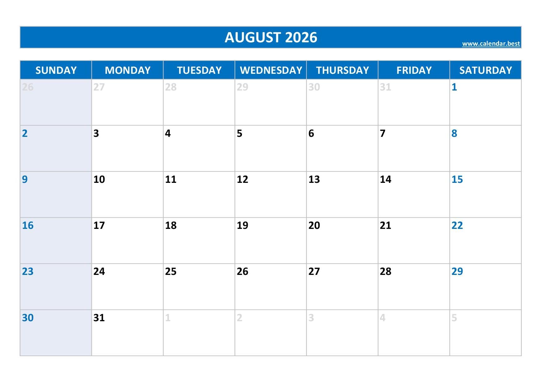 August Calendar Printable 2026