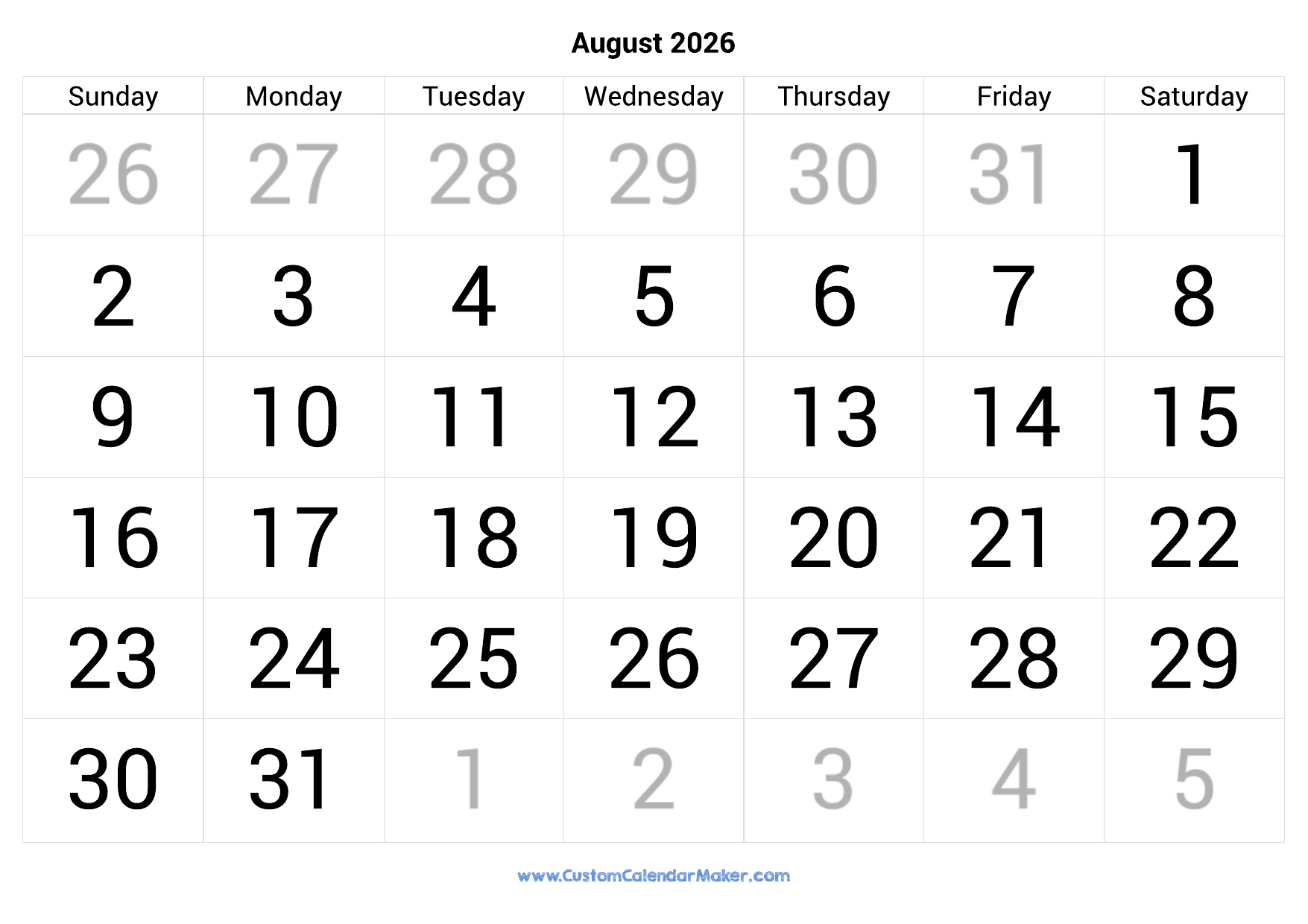 August 2026 Calendar Printable With Large Numbers Custom Calendar Maker August 2026 Calendar Printable With Large Numbers Custom Calendar Maker