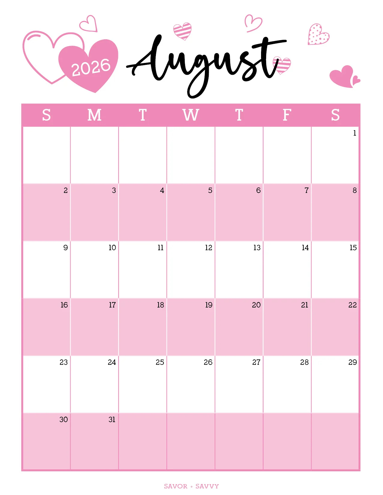 August 2026 Calendar Templates 14 Free Printables Savor Savvy