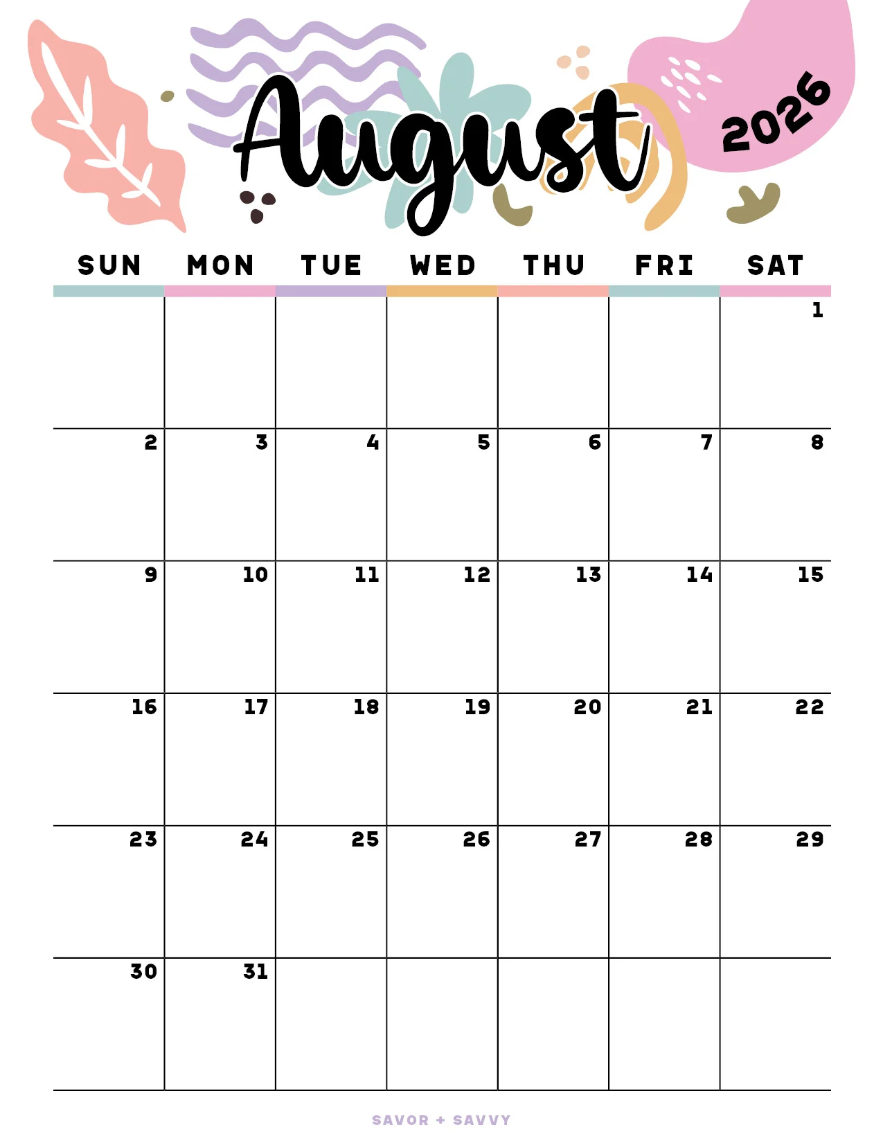 Free Calendar August 2026 Printable