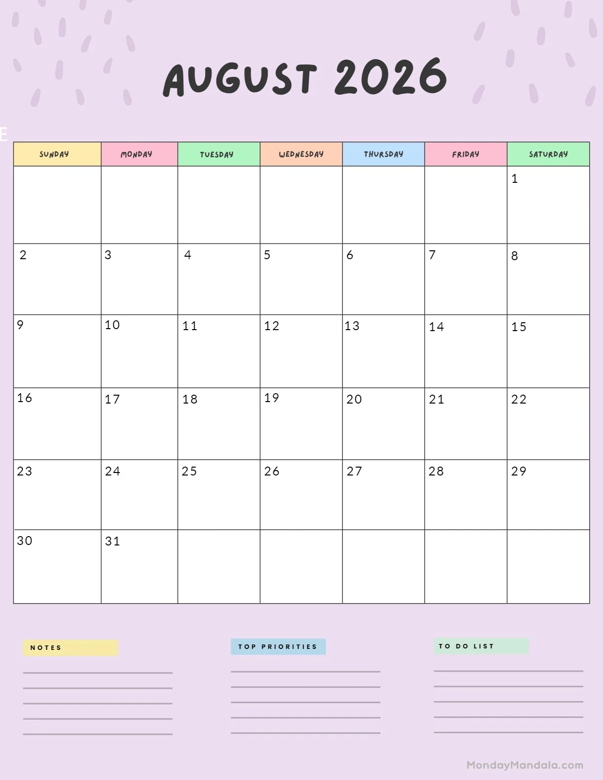 August 2026 Printable Calendar Pdf