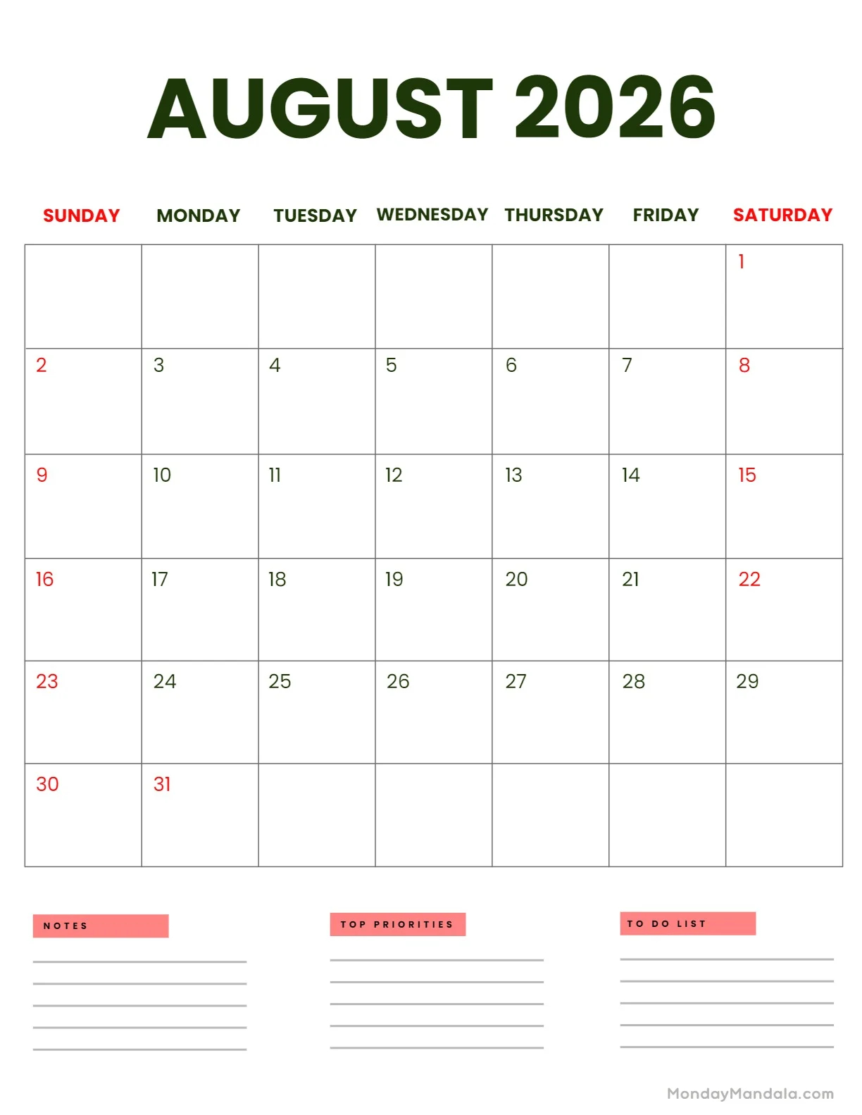 August 2026 Calendars 52 Free PDF Printables 