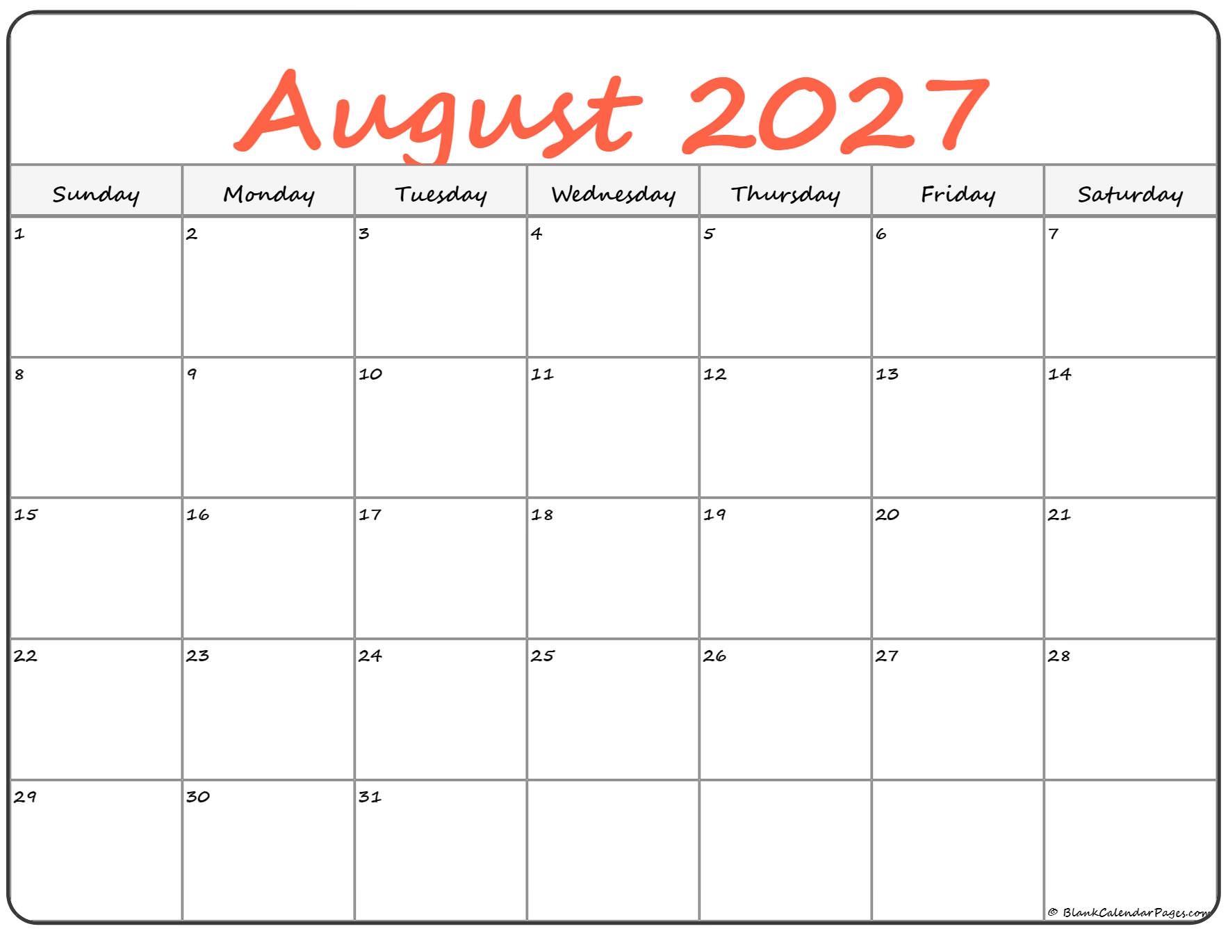 August 2027 Calendar Free Printable Calendars