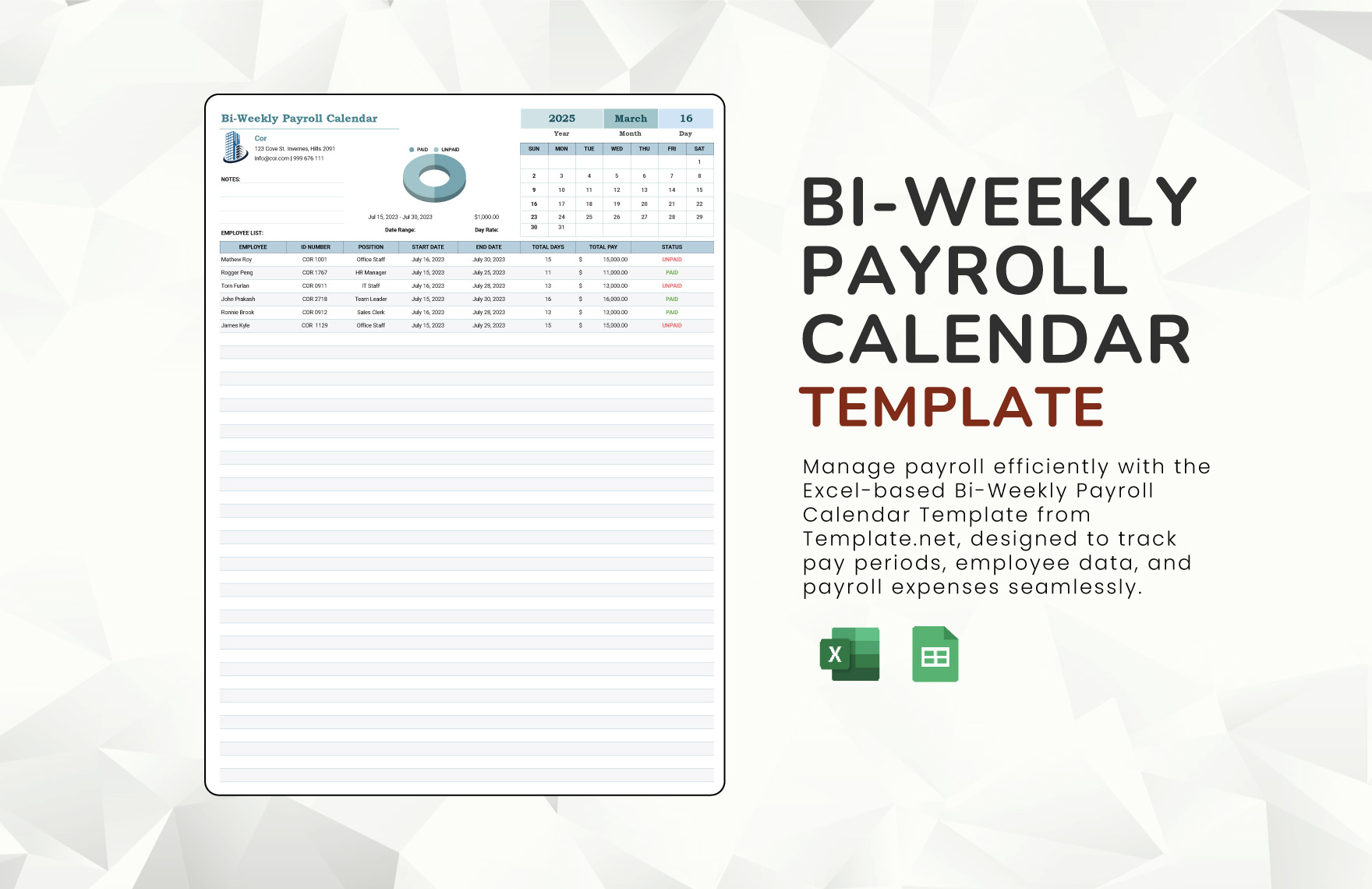 Bi Weekly Payroll Calendar Template In Excel Google Sheets Download Template