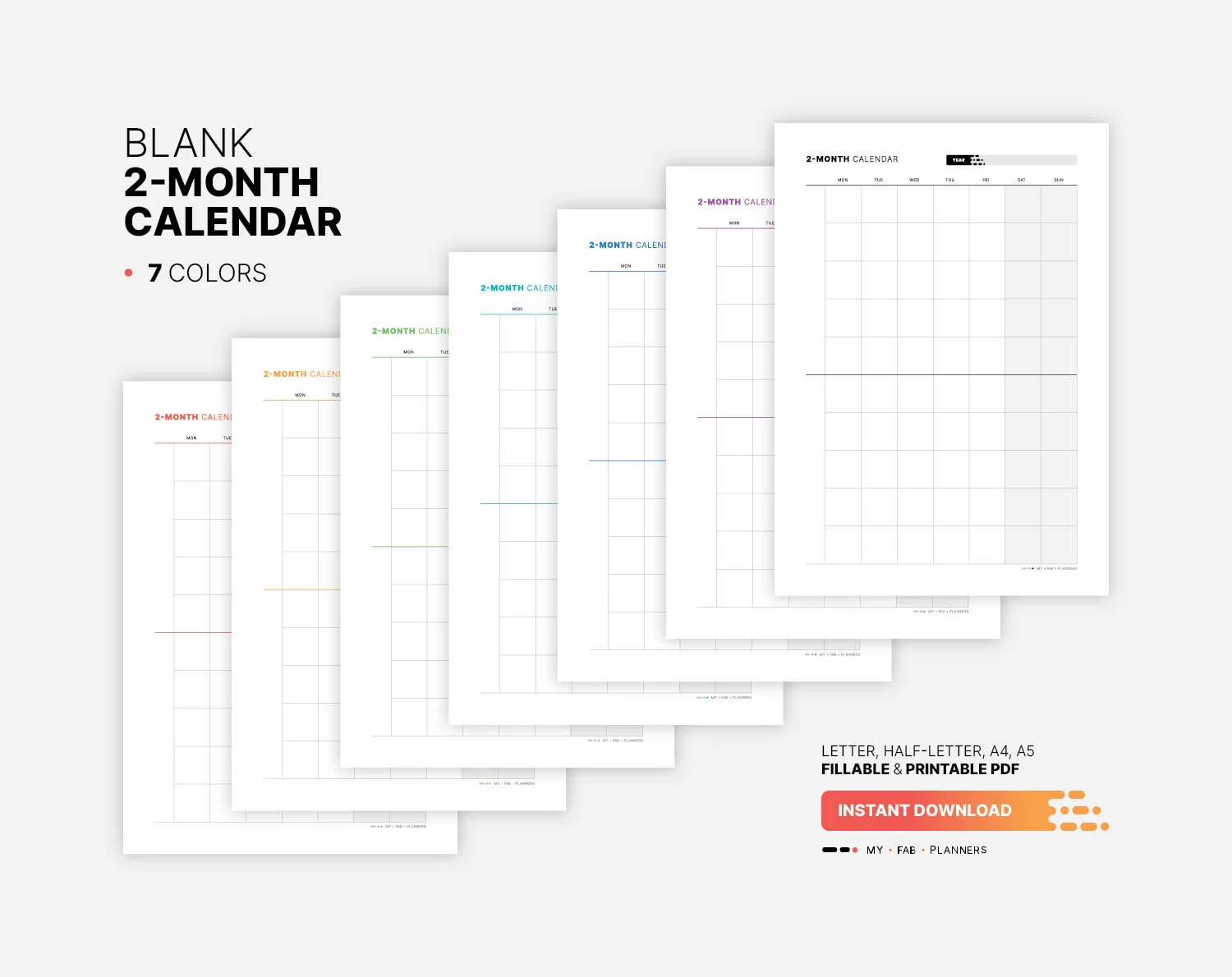 Blank 2 Month Calendar Undated Multi Month At a glance Planner Printable Monthly Perpetual Digital Wall Block Desk Template Fillable PDF Etsy