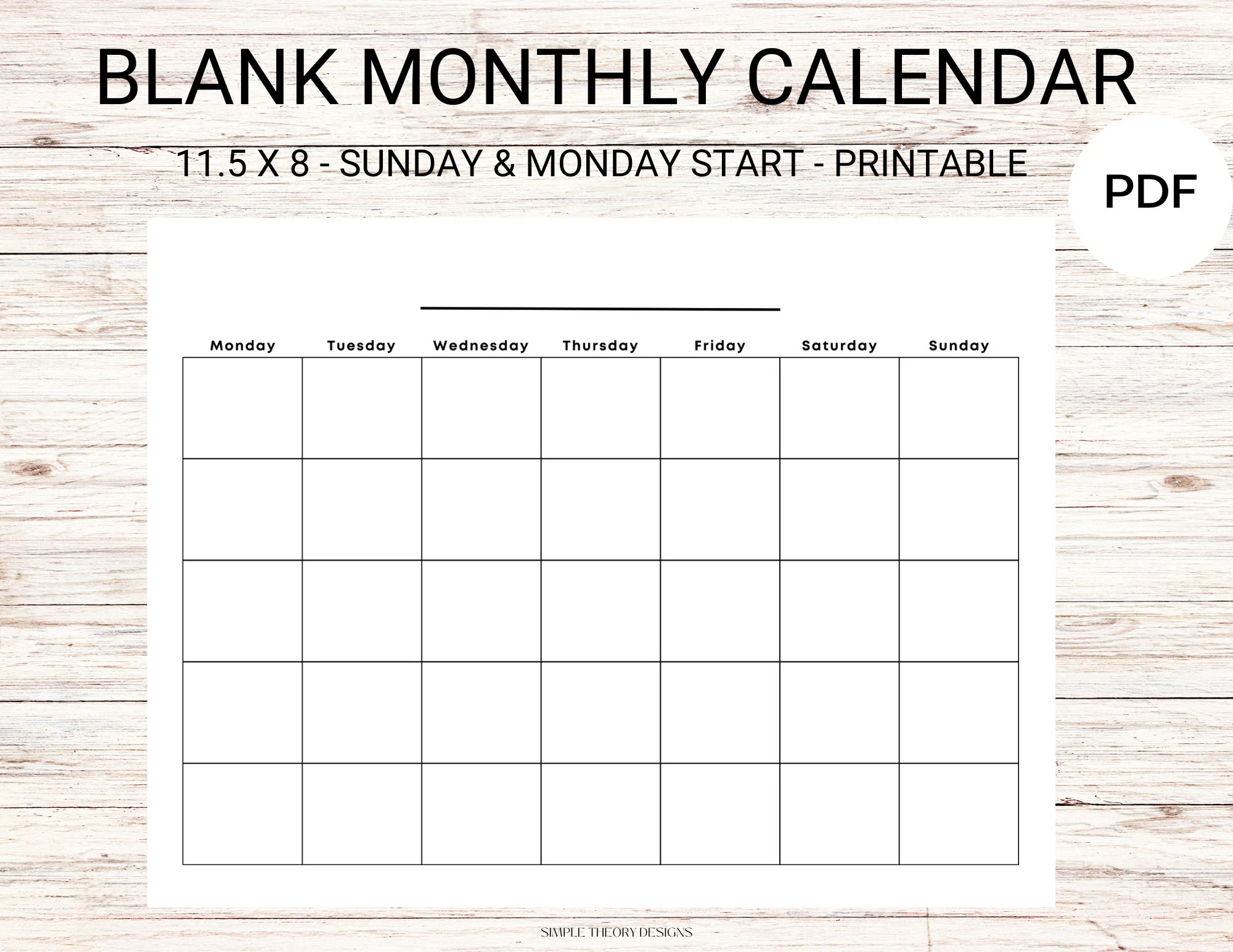 Blank Calendar Sunday Monday Start Monthly Minimalist Printable Template Etsy