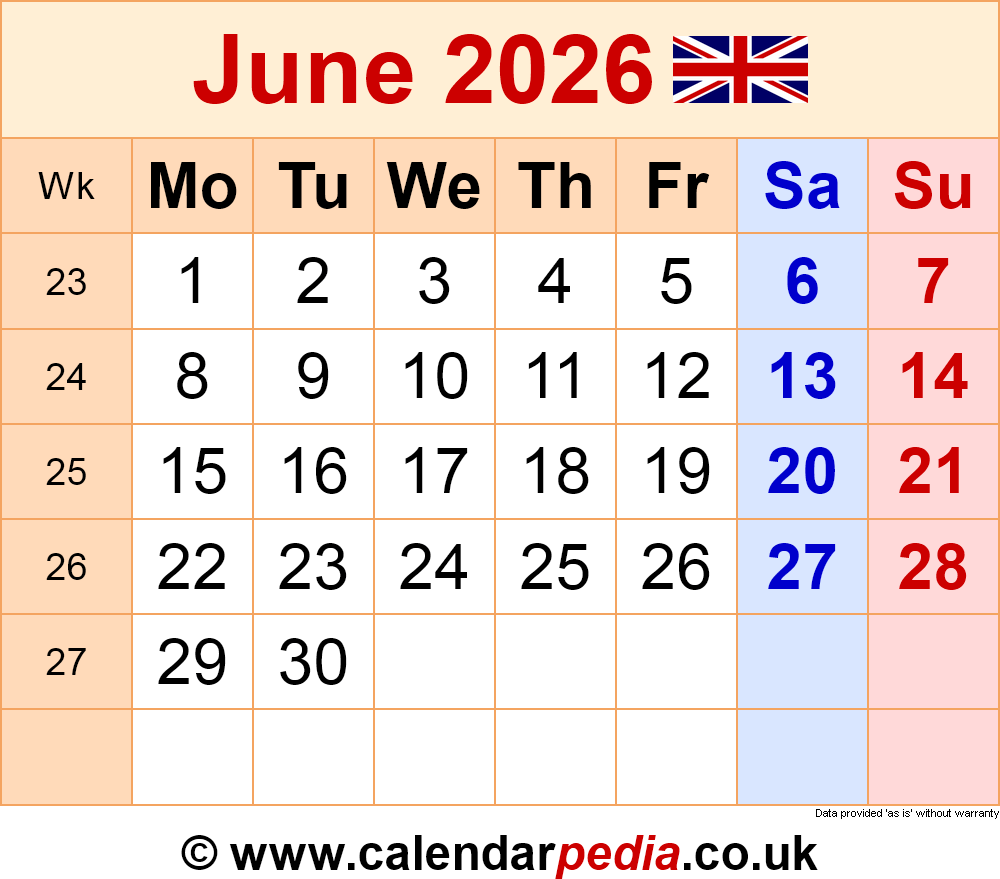 Calendar June 2026 UK With PDF Excel And Word Templates