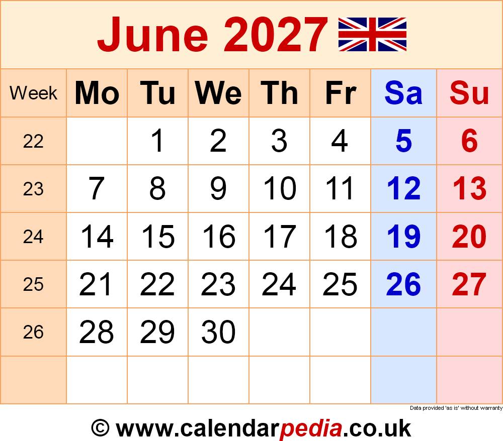 Calendar June 2027 UK With PDF Excel And Word Templates