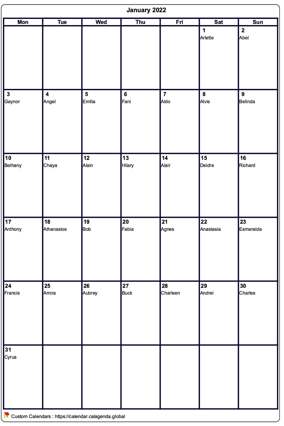 Calendar Monthly 2022 To Print Virgin Format Portrait