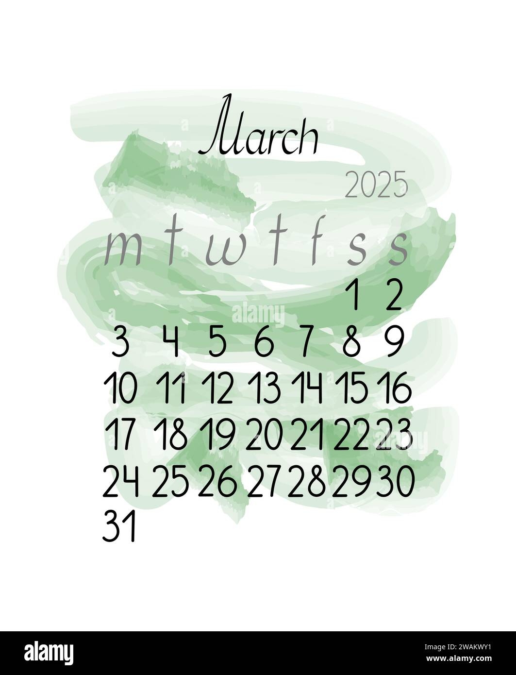 Calendar Monthly Template For March 2025 In Simple Minimalist Style Vertical Portrait Orientation Abstract Colorful Shapeless Background Week Starts On Monday Vector Printable Page Stock Vector Image Art Alamy