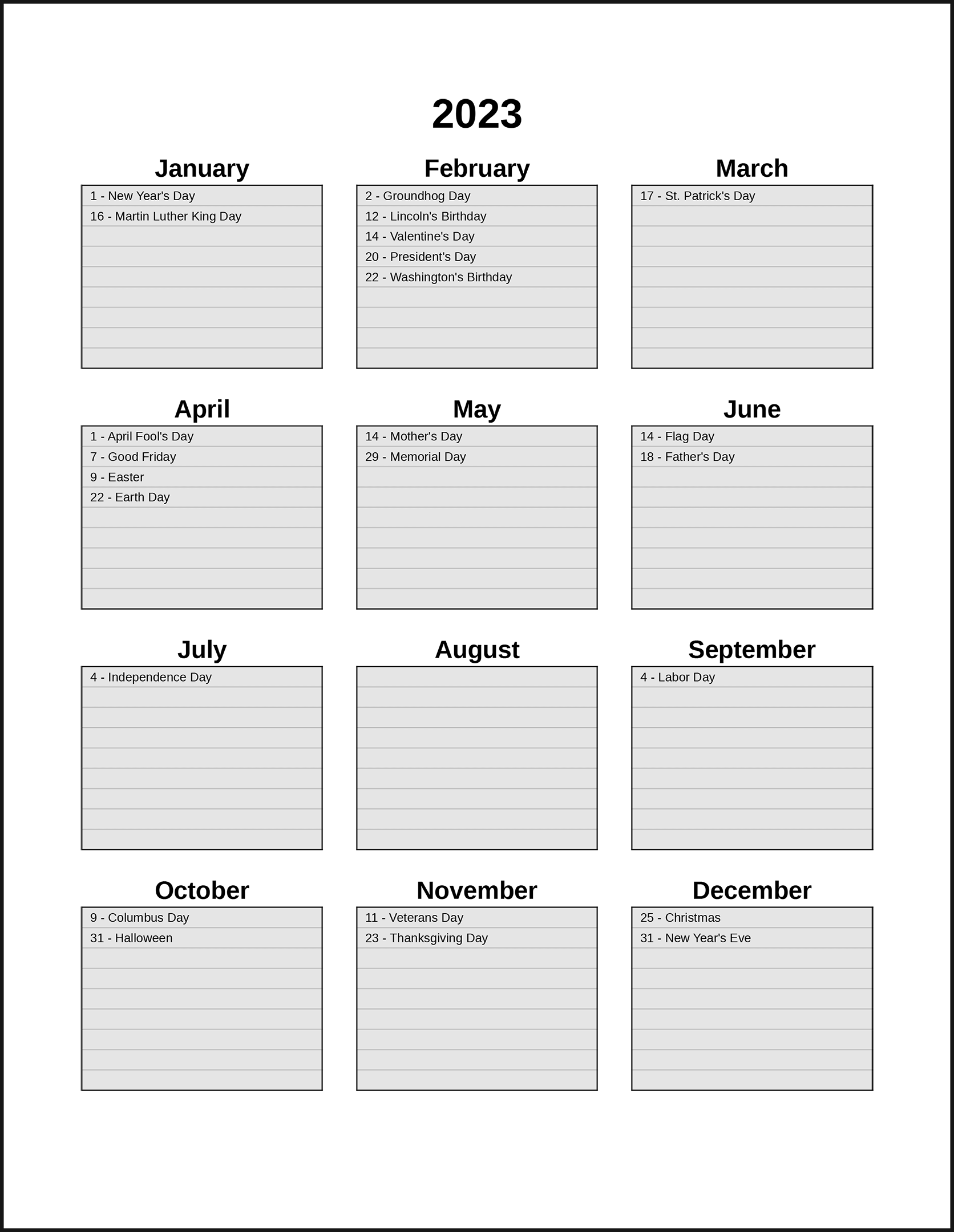 Printable Blank Year Calendar