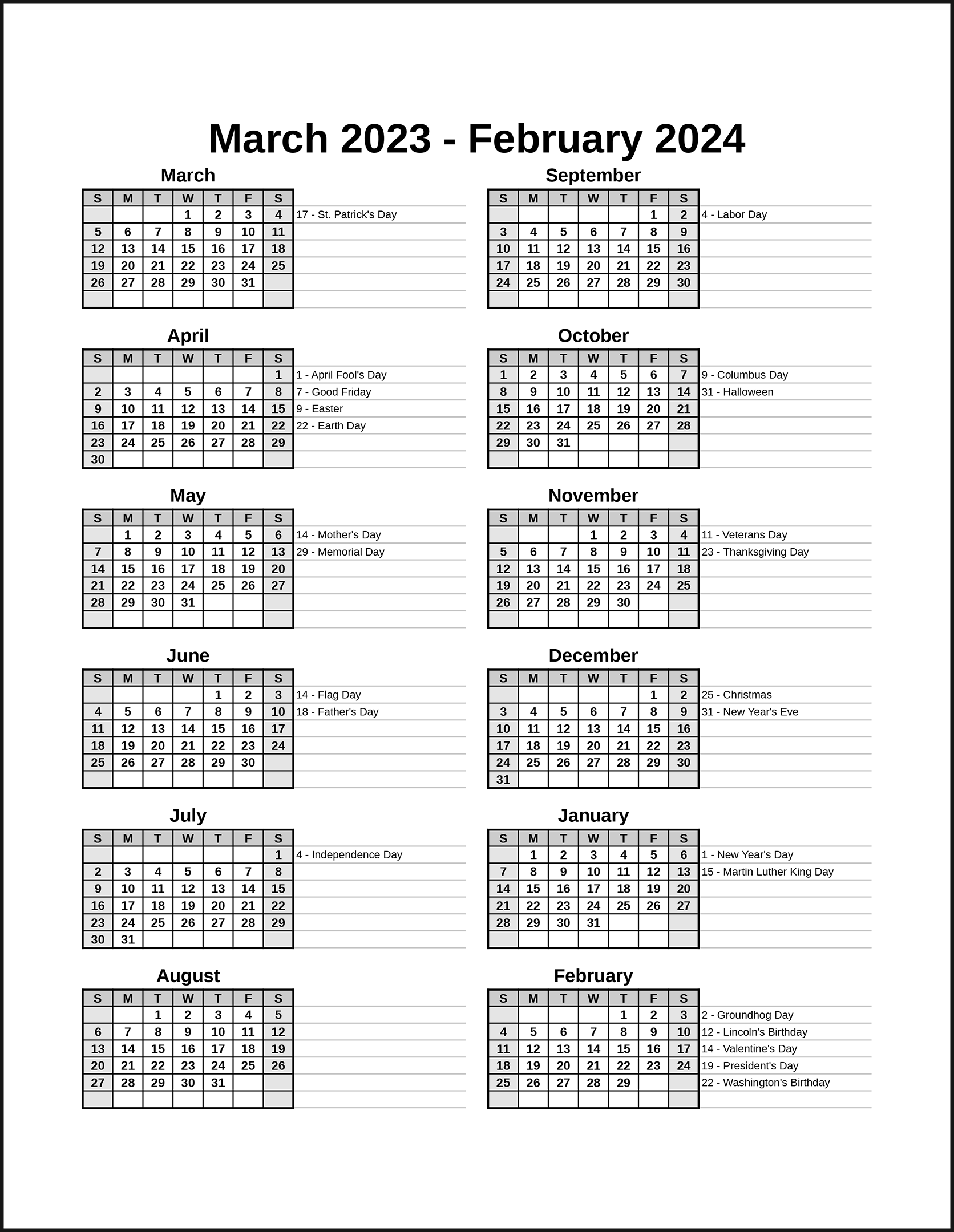 CalendarsThatWork Room For Notes