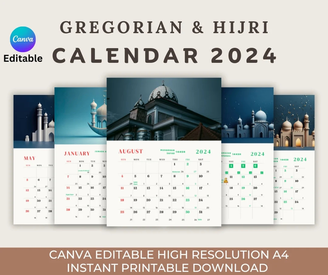 Canva Editable 2024 1445 1446 Islamic Calendar With Gregorian And Hijri Dates Calendar For Muslims 12 Pages 1 Page Two Hijri Dates Etsy