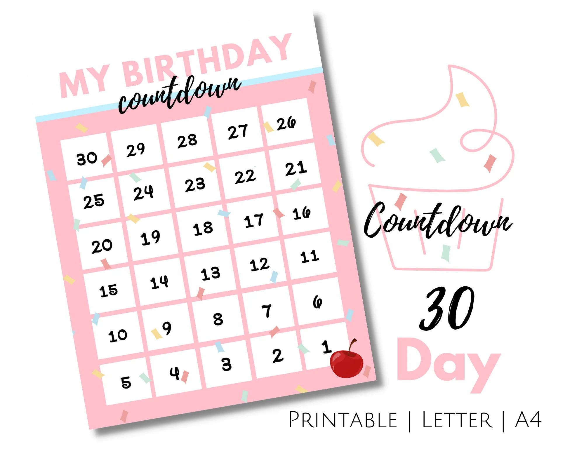 Countdown To Birthday Printable 30 Day Birthday Countdown Kids Birthday Countdown In Pink Cupcake Etsy