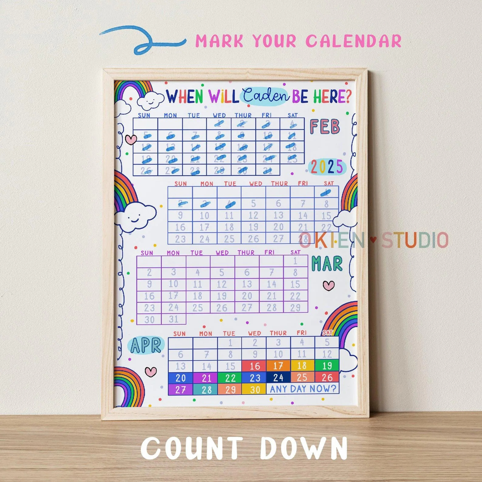 Custom Baby Boy Countdown Calendar Count Down Calendar For Baby Arrival Pregnancy Count Down Poster For Baby Boy Rainbow Baby Calendar Etsy