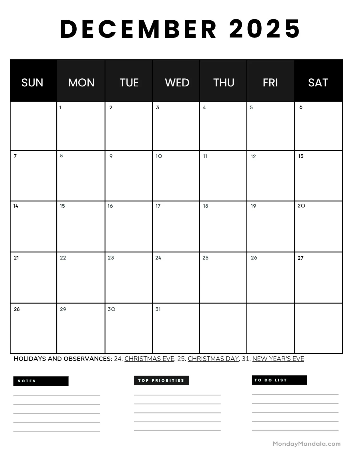 December 2025 Calendar 52 Free PDF Printables 