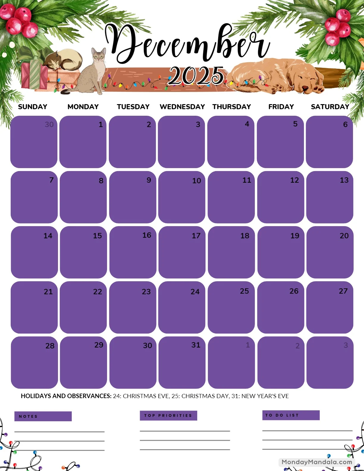 Dec Calendar 2025 Printable