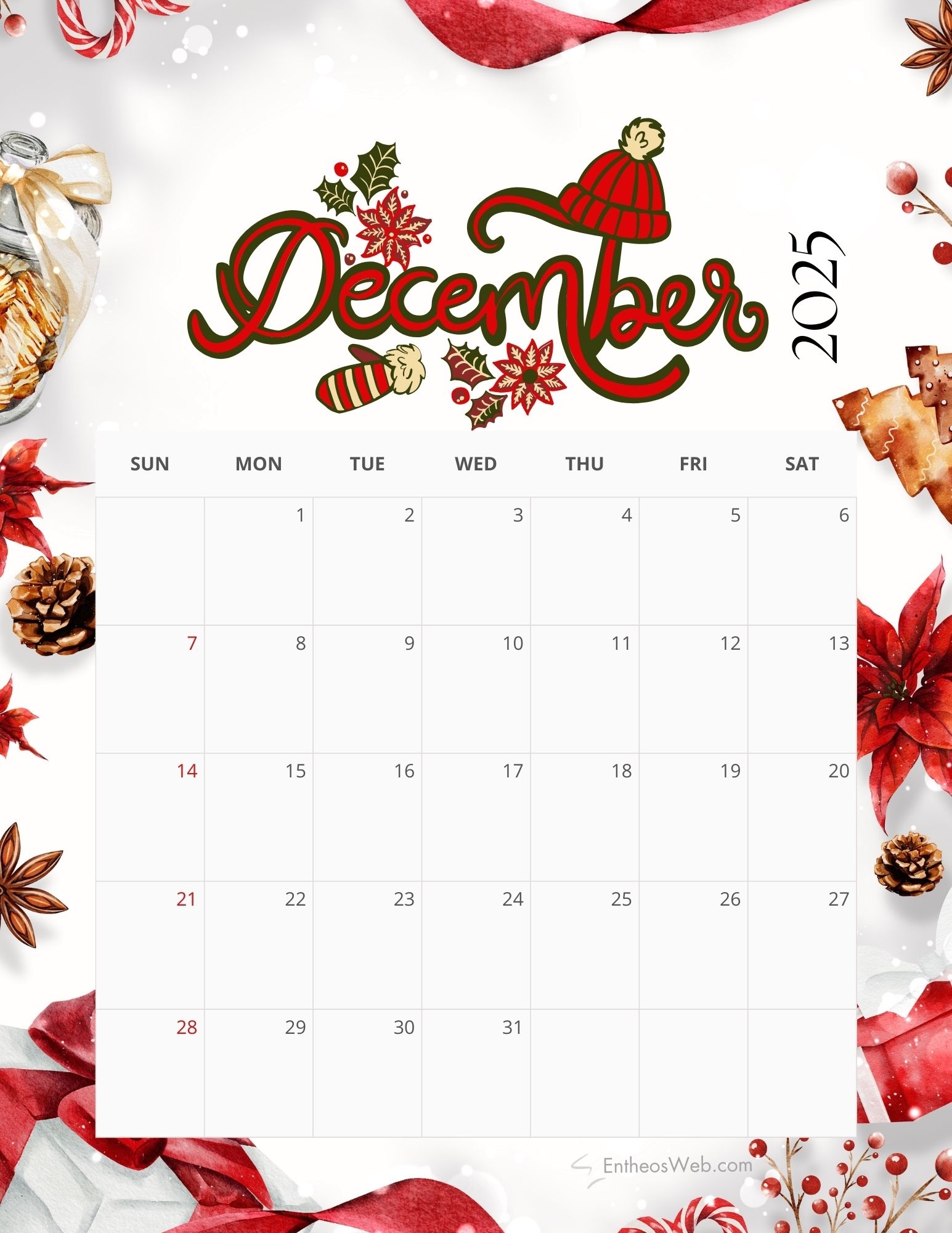Printable December 2025 Cute Calendar