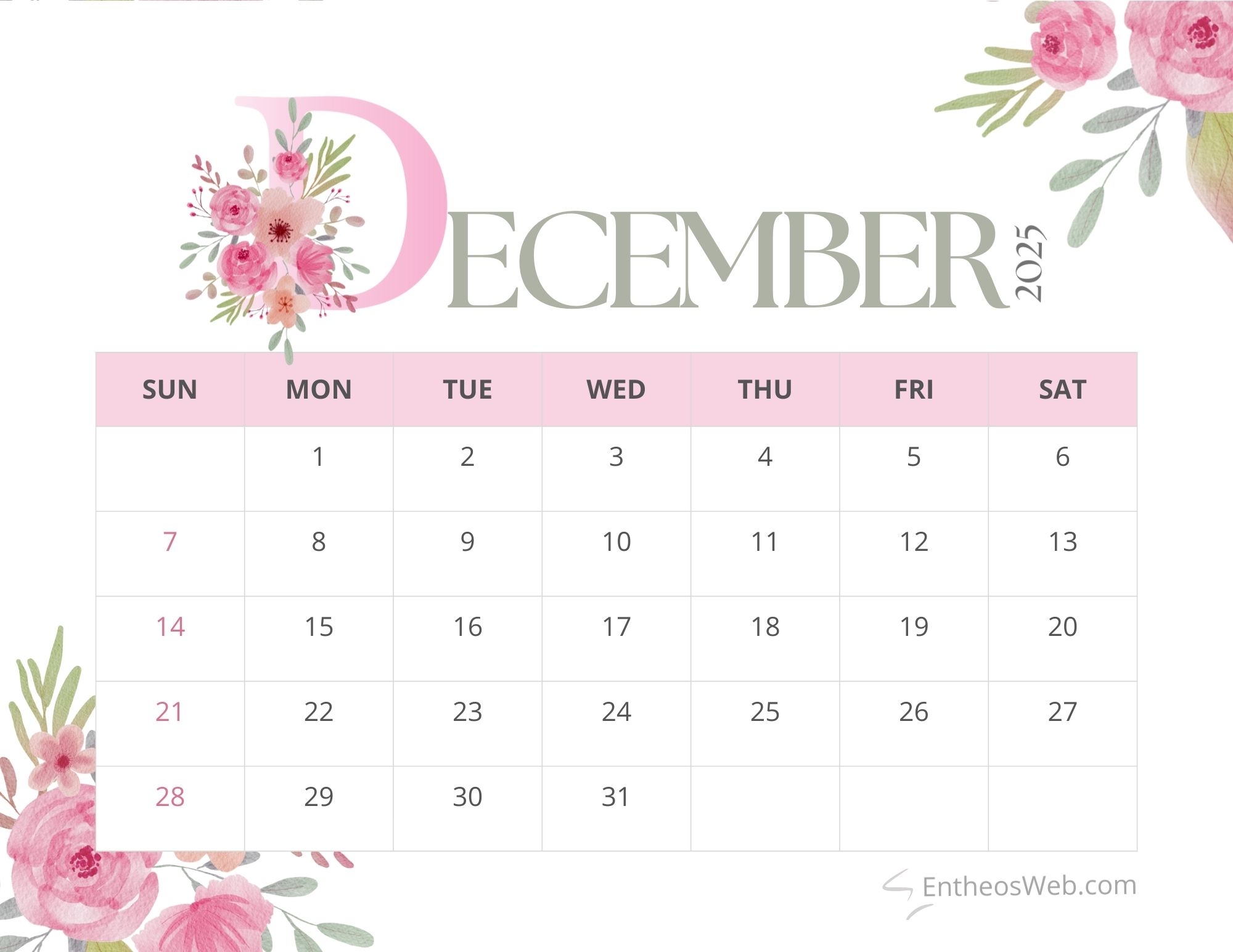 Printable Calendar Dec 2025