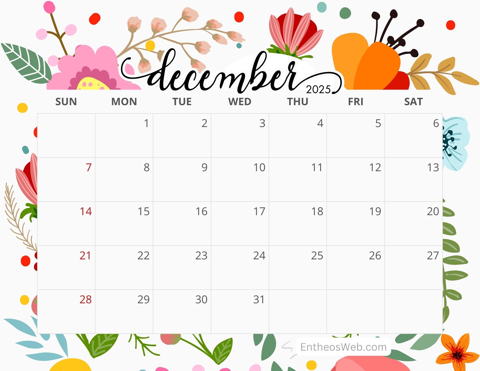 Printable Blank Calendar December 2025