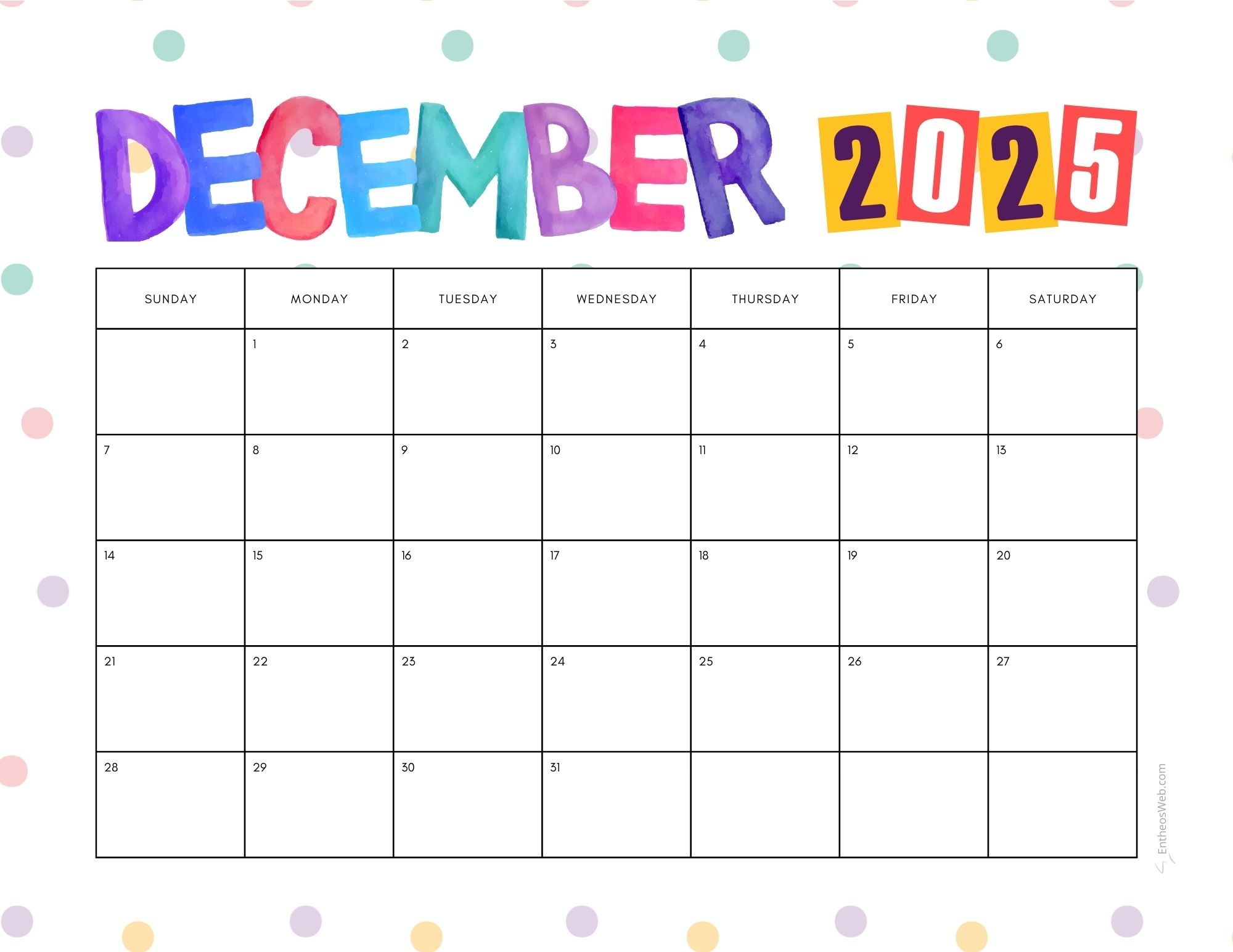 Printable Calendars December 2025