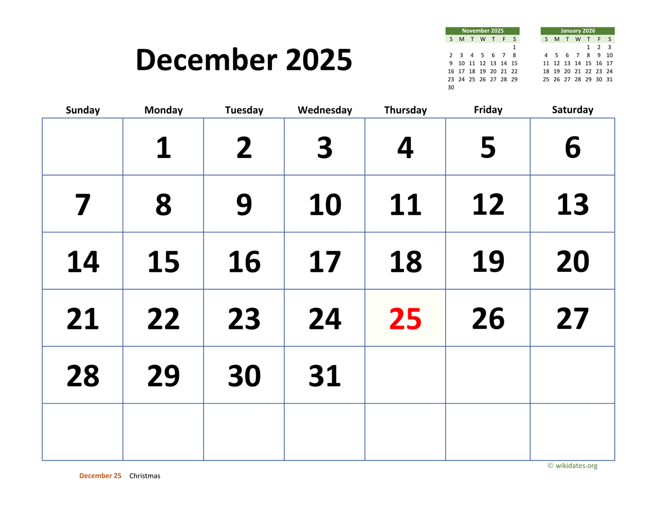 December 2025 Printable Calendar With Holidays