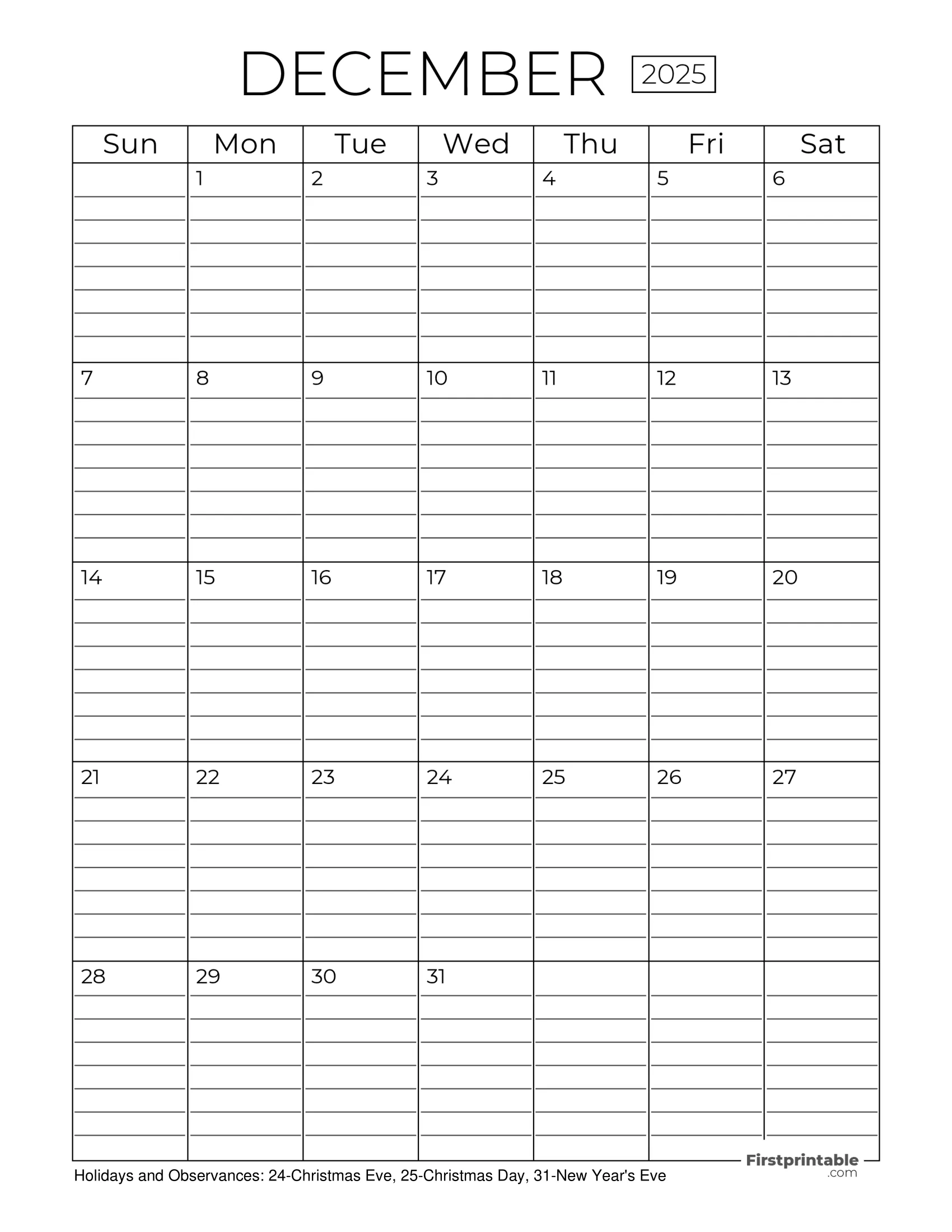 December 2025 Calendars Free Printable Fillable