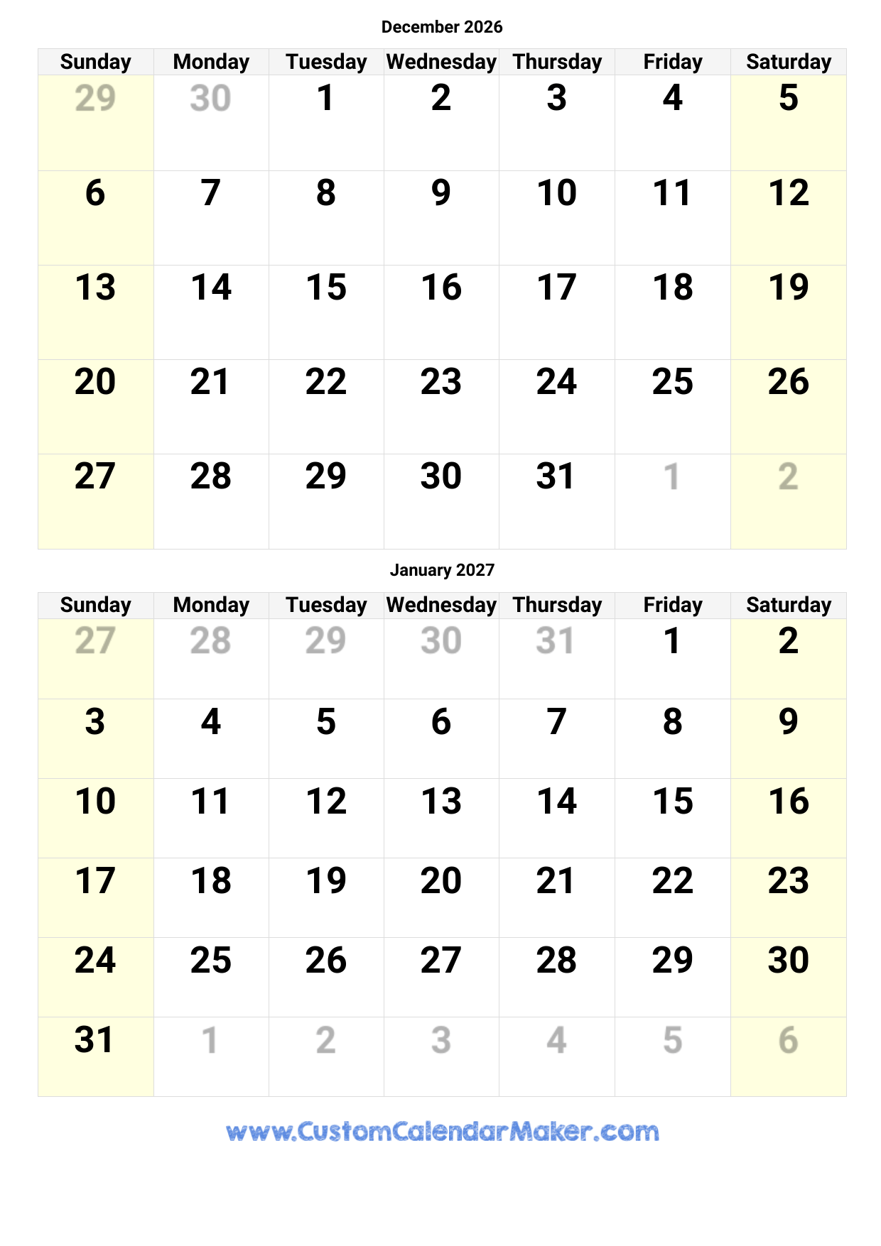 Blank Printable December 2026 Calendar
