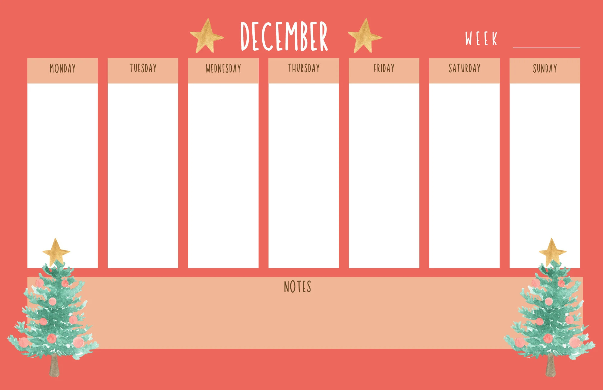 December Blank Weekly Calendar Christmas Trees Weekly Planner Instant Download Printable Christmas Weekly Calendar Etsy